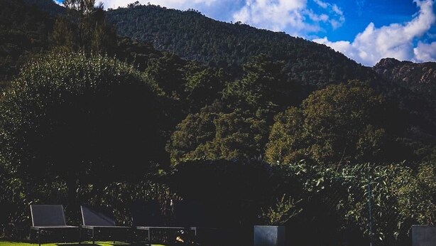 A wooden deck leading to a clear blue pool with a mountainous backdrop.