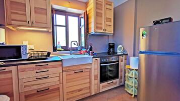 Fridge, microwave, oven, coffee/tea maker