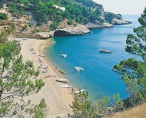 On the beach, sun-loungers