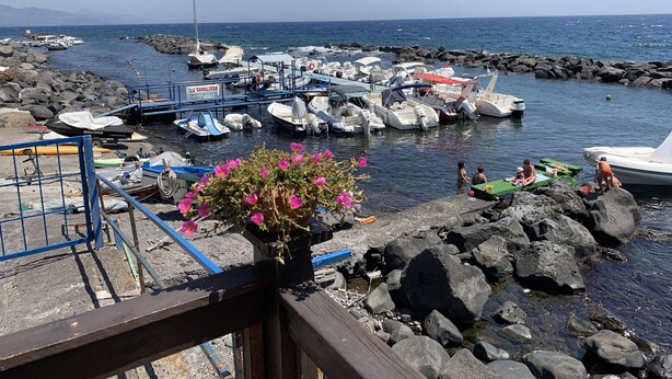 A marina with boats docked, a rocky shoreline, and a flower pot in the foreground. - Superb vacation home (Torre archirafi)