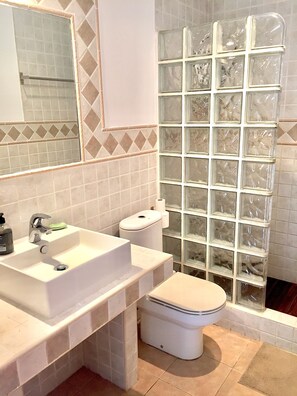 Shower, hair dryer, towels, soap
