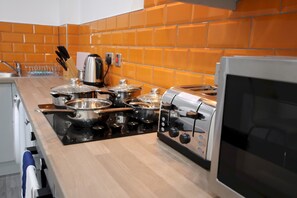 Frigorífico, microondas, horno y placa de cocina
