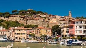 A coastal town with historic buildings, a prominent tower, and a marina with boats. - Apartment Le Cannucce at the sea of Castiglione (Castiglione della Pescaia)