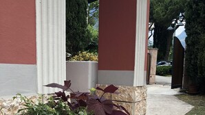 A stone pathway leading to a building with a red and white facade, a large planter with green and purple foliage, and a clear sky.