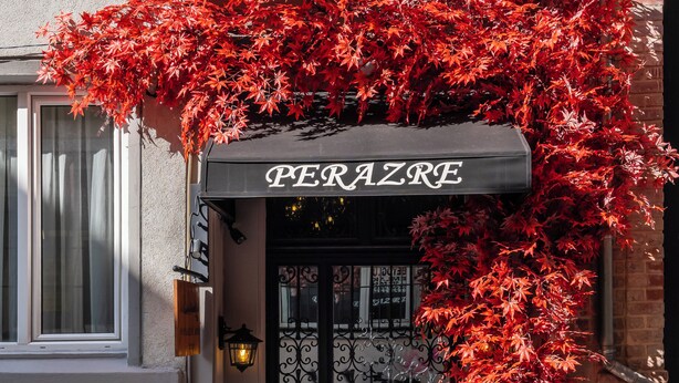 Une entrée d’immeuble avec une enseigne indiquant « PERAZRE » et une plante à feuilles rouges placée au-dessus.