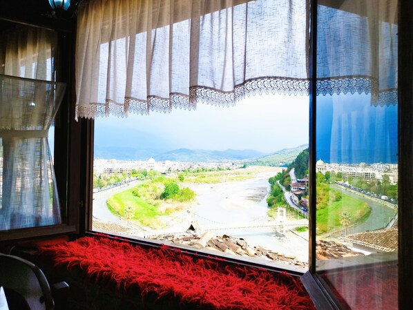 Una habitación con un amplio ventanal que da a una vista panorámica de la ciudad, una alfombra roja y una vista al río y las montañas.