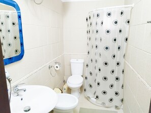 Bathroom features a sink, mirror, toilet, and shower.