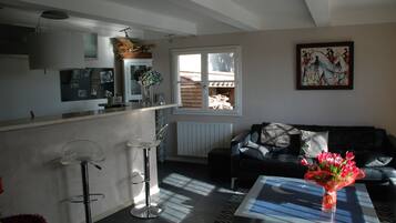 TV, fireplace, DVD player, books