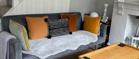 Televisio, takka, DVD-soitin, kirjoja