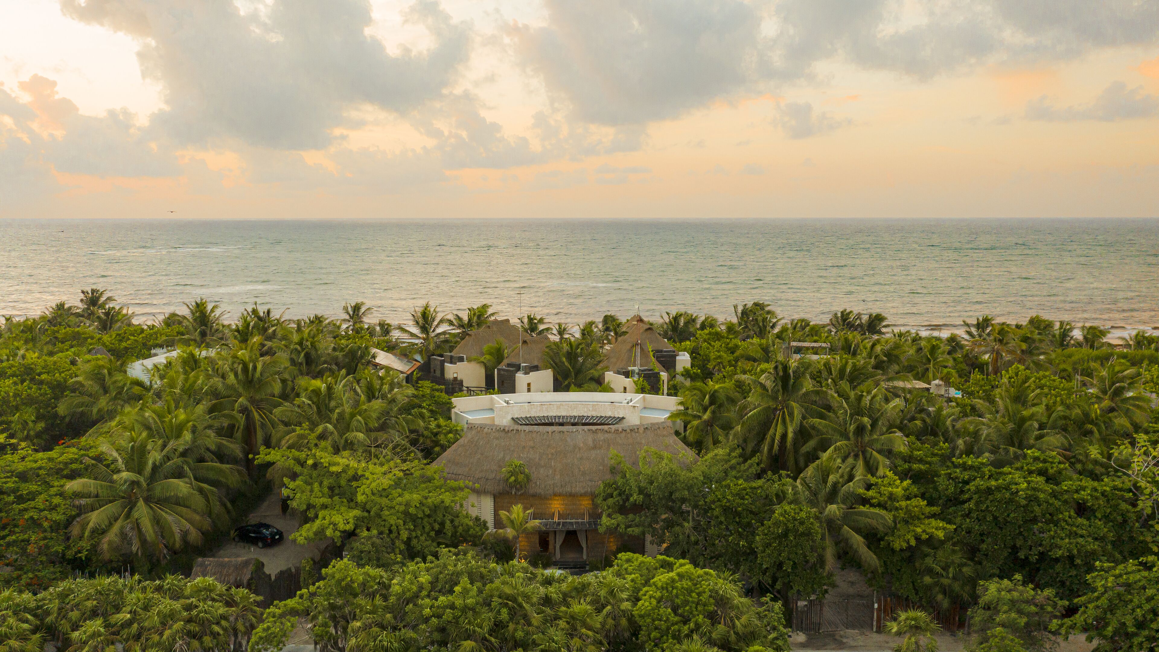 A resort with thatched-roof buildings surrounded by dense tropical vegetation, overlooking a calm sea.