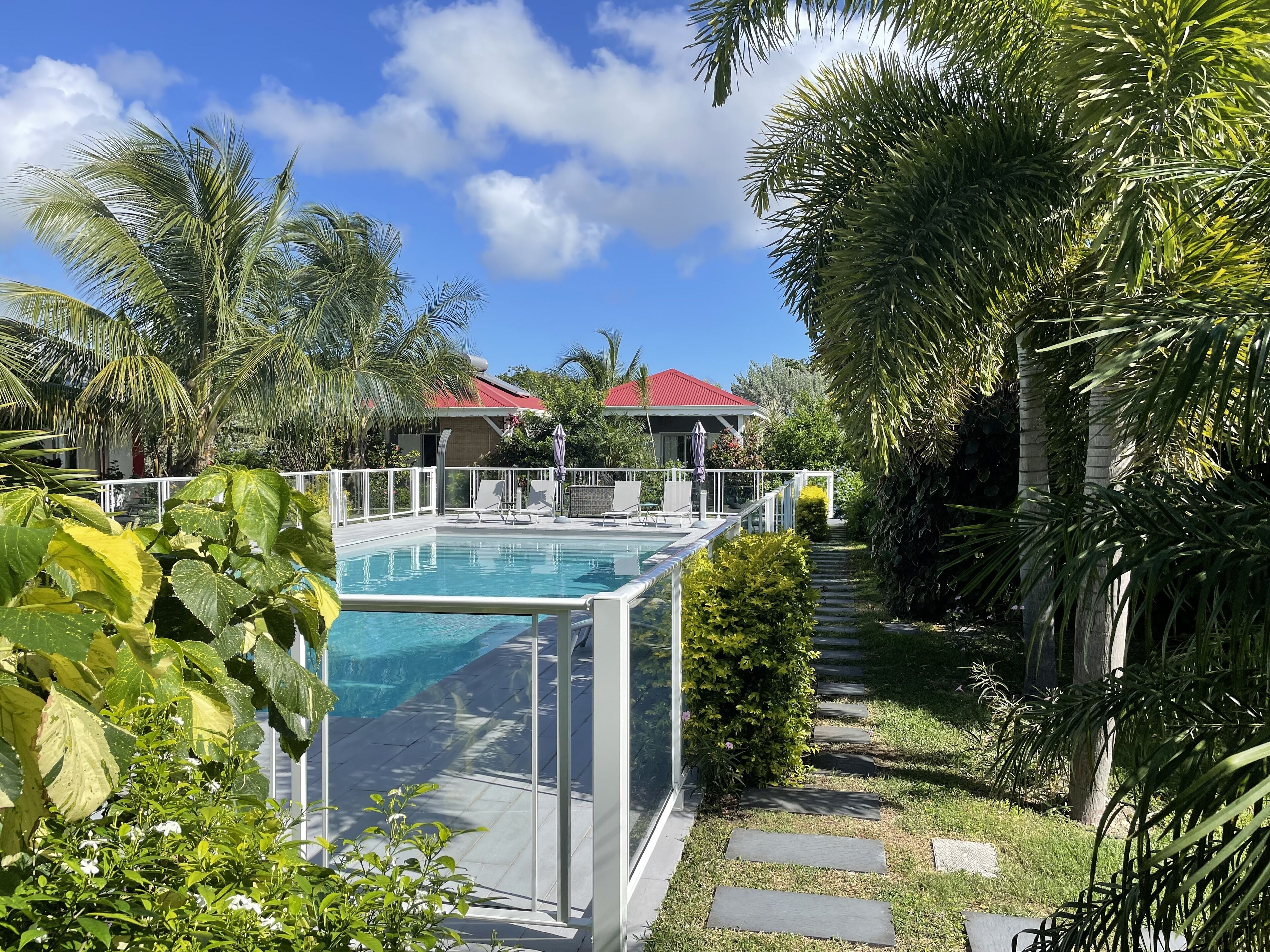 A swimming pool with a glass enclosure, surrounded by lush greenery and palm trees.