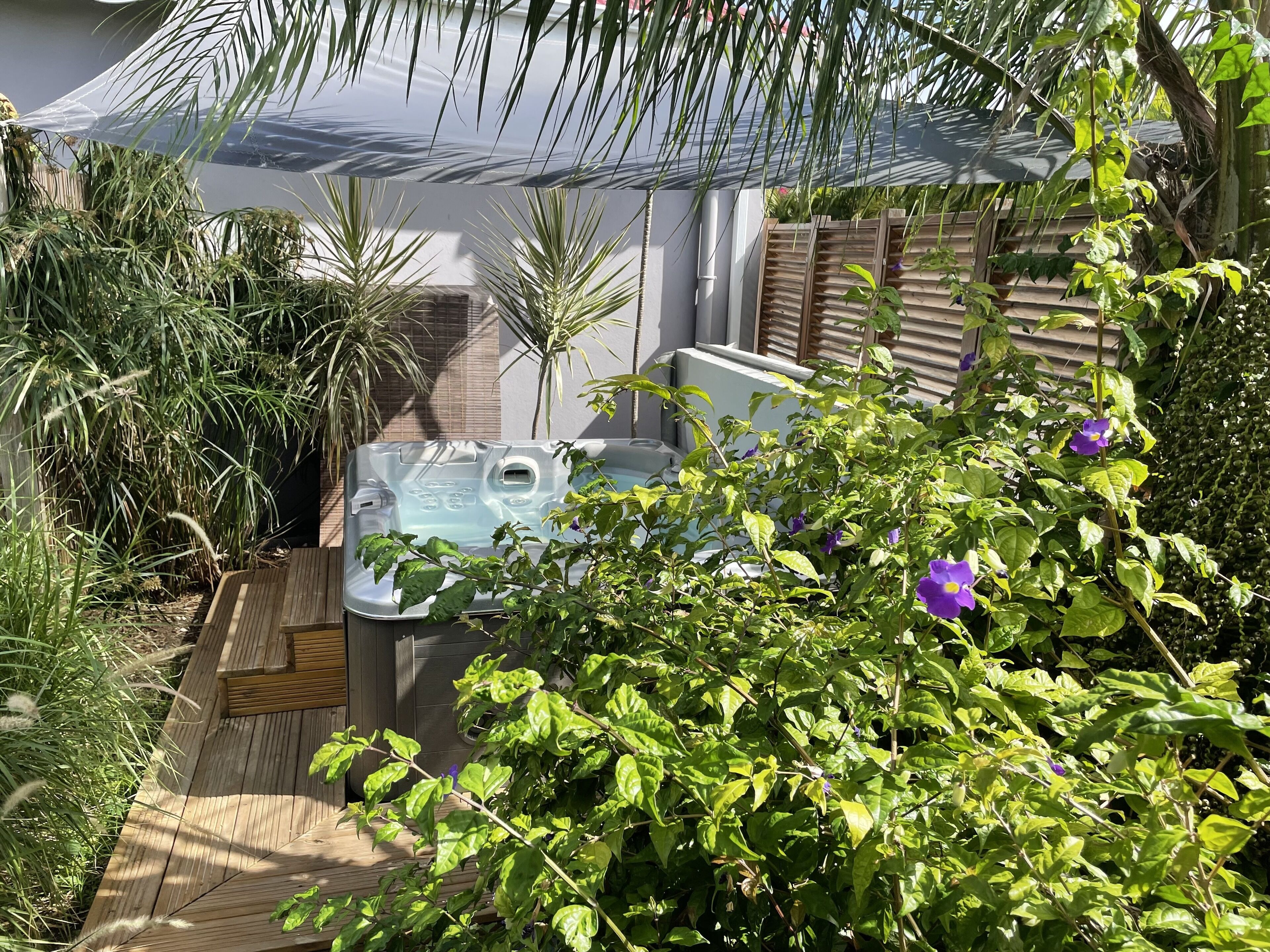 A garden area with a hot tub, wooden deck, and various plants.