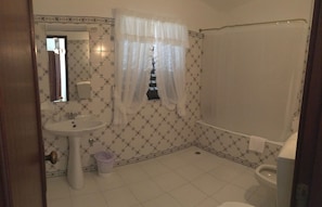 Bathroom features a sink, mirror, toilet, and shower area with a floral tile pattern on the walls.
