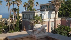 Un bâtiment à l’architecture classique, agrémenté de palmiers et orné d’une sculpture en pierre représentant une créature marine.