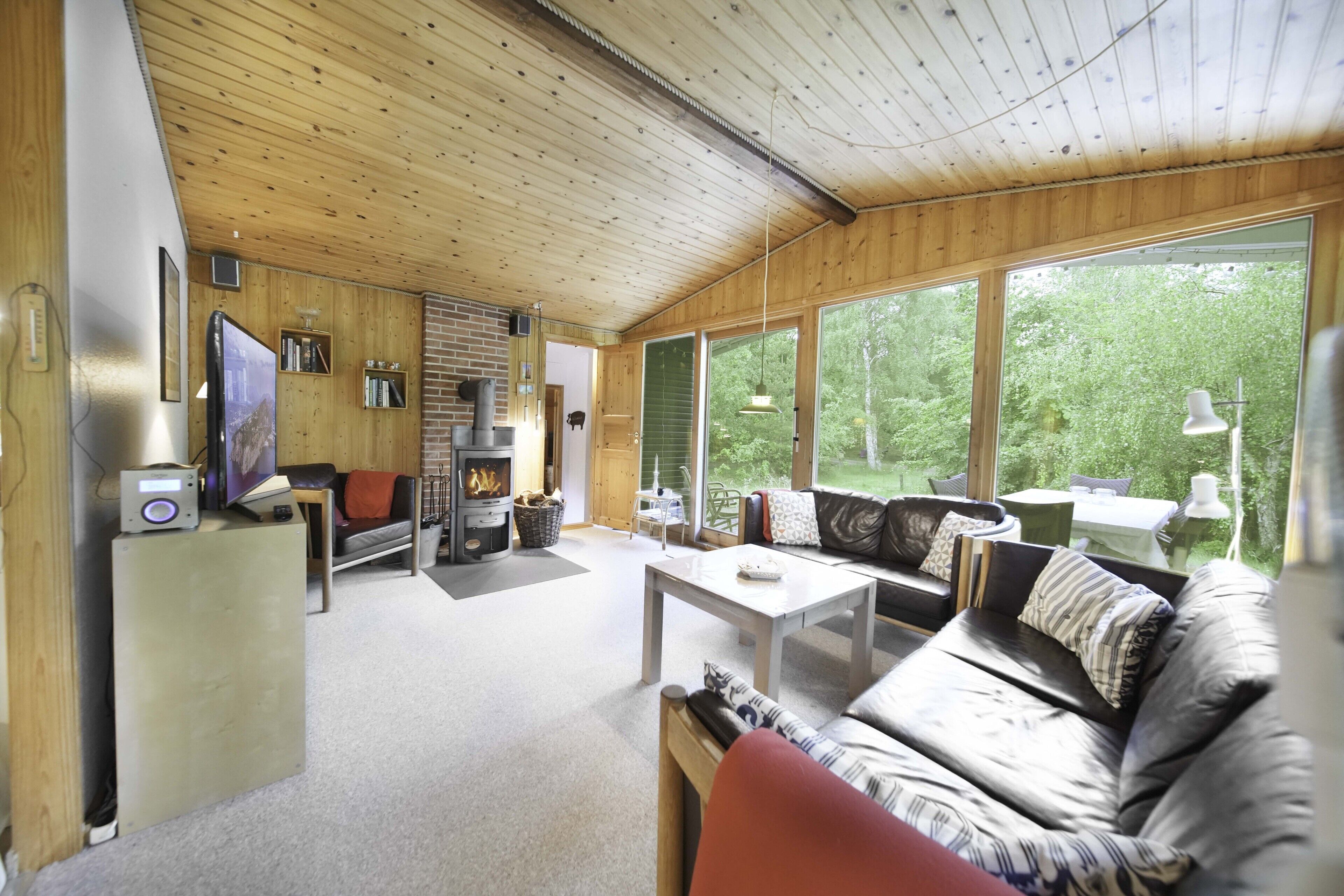 Una Smart TV, una chimenea, libros, un reproductor estéreo