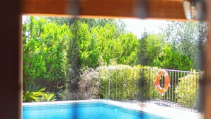 Vista de una piscina con un flotador en la cerca, rodeada de follaje.