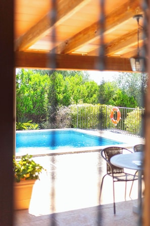 A view of a swimming pool with a lifebuoy on the fence, surrounded by greenery.