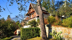 A traditional wooden house with a stone wall and a pathway leading to it.