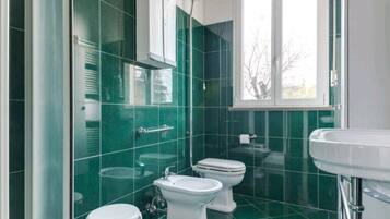 Chuveiro, secador de cabelo, bidê, toalhas de banho