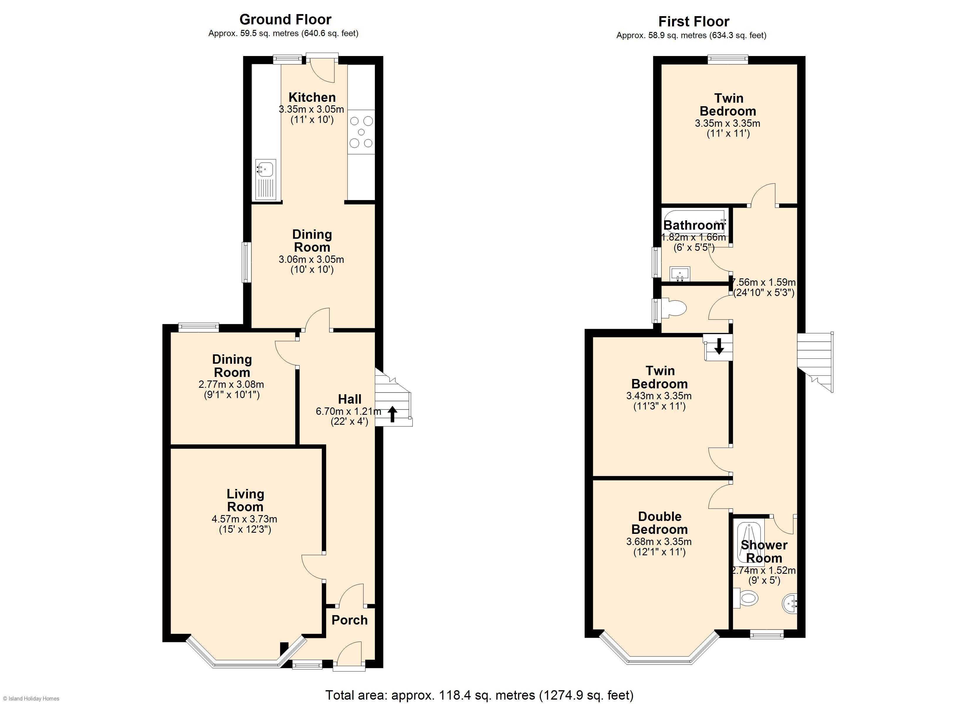 Een plattegrond met een keuken, eetkamer, woonkamer, hal en twee eenpersoons slaapkamers.