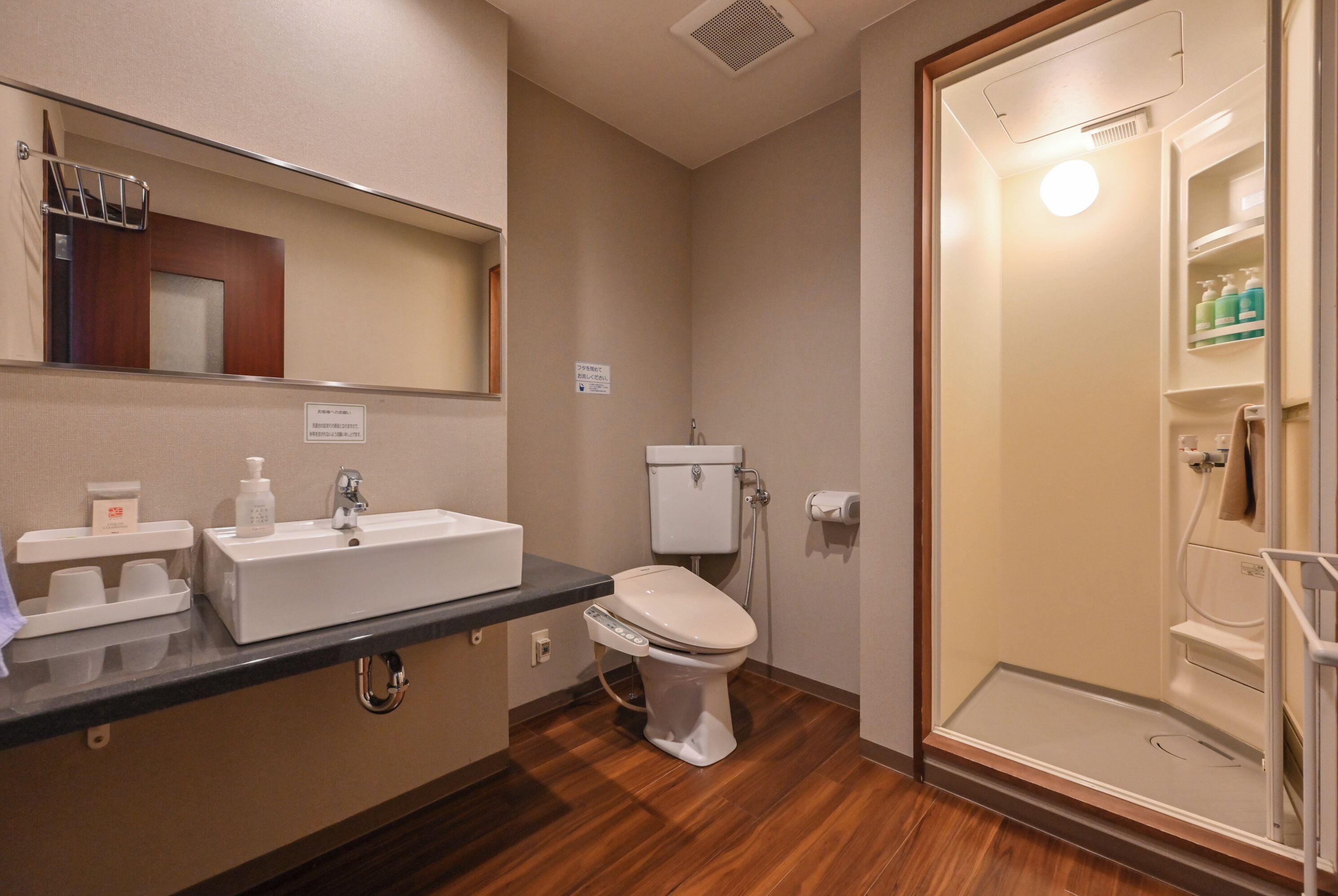Une salle de bain équipée d’un lavabo, de toilettes et d’une douche à l’italienne.