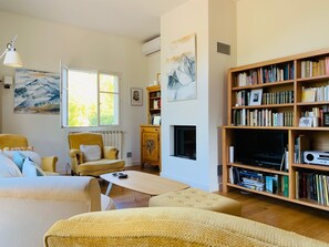 Fernseher, Kamin, DVD-Player, Bücher