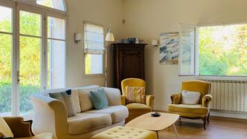 TV, fireplace, DVD player, books