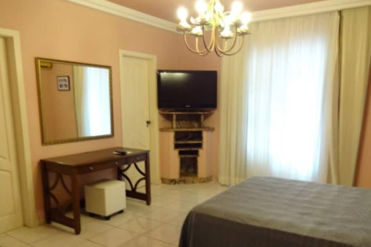 Un dormitorio con una cama, televisor, escritorio y espejo.