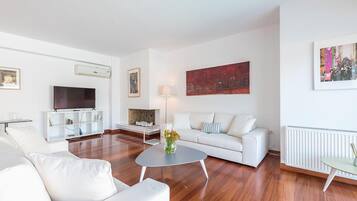 Télévision, cheminée, livres