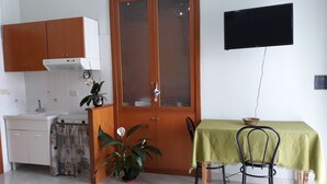 Eine kompakte Küche mit Essbereich, einem an der Wand montierten Fernseher und einem Blumentopf.