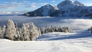 A snow-covered mountain landscape with a clear sky. - Apartment Dobratsch - Apartments Umfahrer Nassfeld (Tröpolach)