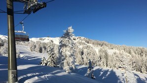 A snowy mountain landscape with a ski lift and snow-covered trees. - Apartment Dobratsch - Apartments Umfahrer Nassfeld (Tröpolach)
