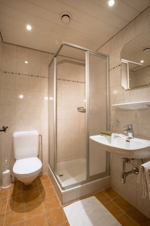 Une salle de bain avec des toilettes, une douche et un lavabo.