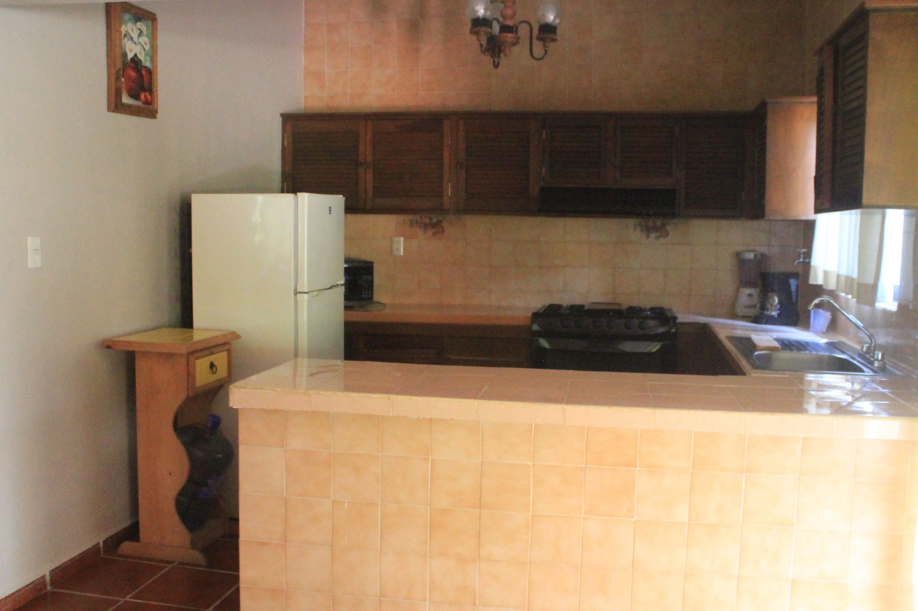 Una cocina con refrigerador, estufa, lavamanos y armarios de madera.