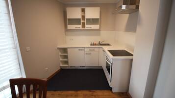 Fridge, stovetop, dishwasher, coffee/tea maker