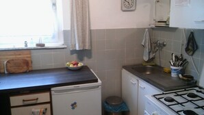A compact kitchen with a refrigerator, sink, stove, and a bowl of fruit on the counter. - 1 room apartment, ground floor, in the 2 Fam.House with garden, GE.-Buer (Gelsenkirchen-Buer, Gelsenkirchen)