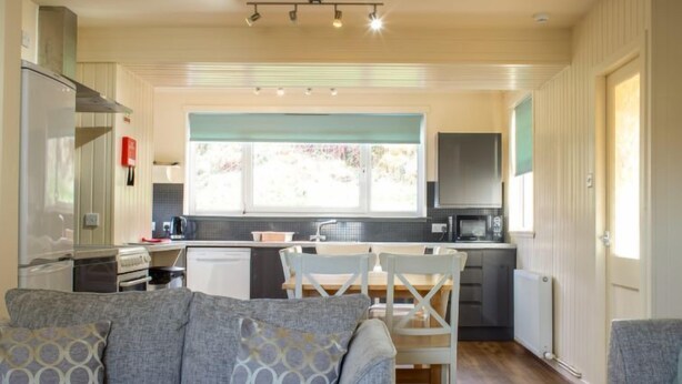 Una cocina compacta con electrodomésticos modernos, un comedor con mesa y sillas, y una zona de estar acogedora con un sofá y cojines.