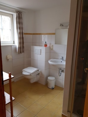 Shower, hair dryer, towels, toilet paper