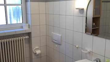 Hair dryer, towels, soap, toilet paper