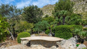 Un banco de piedra en un jardín ajardinado con diversas plantas y una ladera rocosa al fondo.