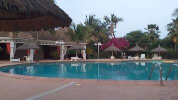 Outdoor pool, pool umbrellas, pool loungers