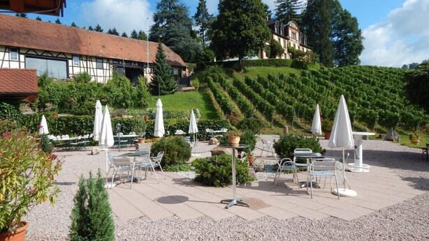 An outdoor patio area with tables and chairs, surrounded by a gravel path and potted plants. - Group accommodation Durbach (Durbach)