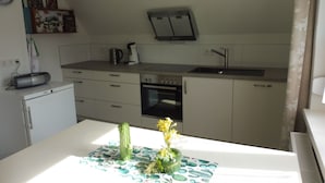 Cocina compacta con refrigerador, horno, pileta y una pequeña mesa de comedor con un cactus y flores.
