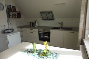 Uma cozinha compacta com geladeira, forno, pia e uma pequena mesa de jantar com um cacto e flores.
