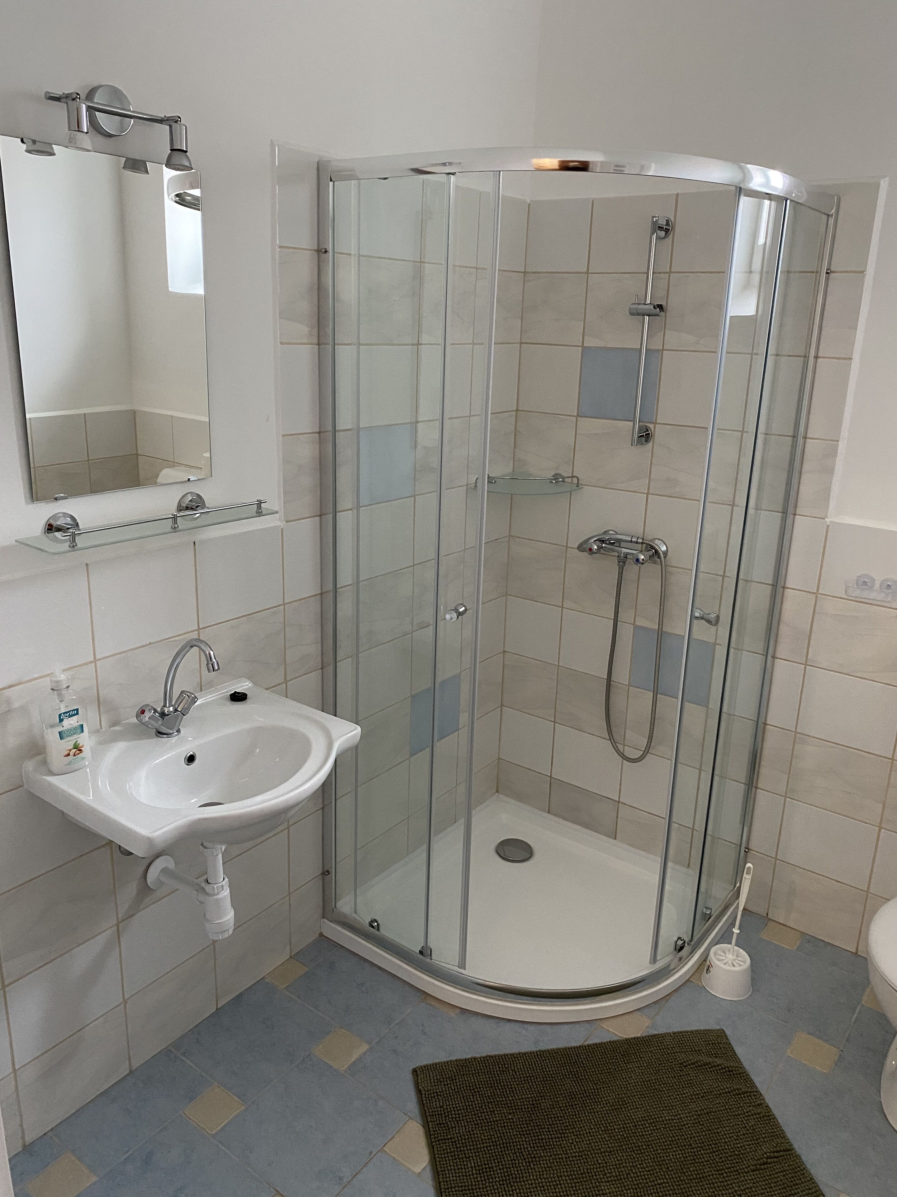 A modern bathroom with a glass-enclosed shower, a white sink, and a mirror above it.