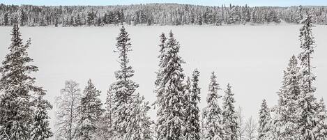 Paisaje nevado con una hilera de cabañas.