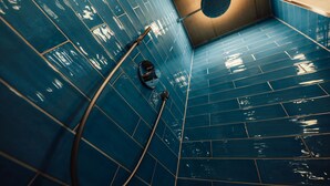 A bathroom with blue tiled walls and floor, a round mirror, and a handheld showerhead.