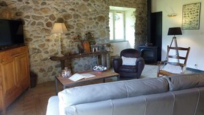 A stone-walled living room with a sofa, a television, a fireplace, and a bookshelf. - Gîte de Fontainebleau (Vicdessos)