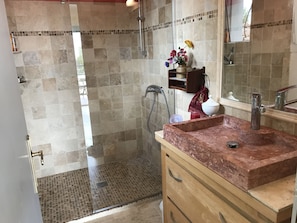 Hair dryer, towels, soap, shampoo