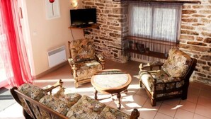 Un salon comprenant un canapé, une table basse et une cheminée.